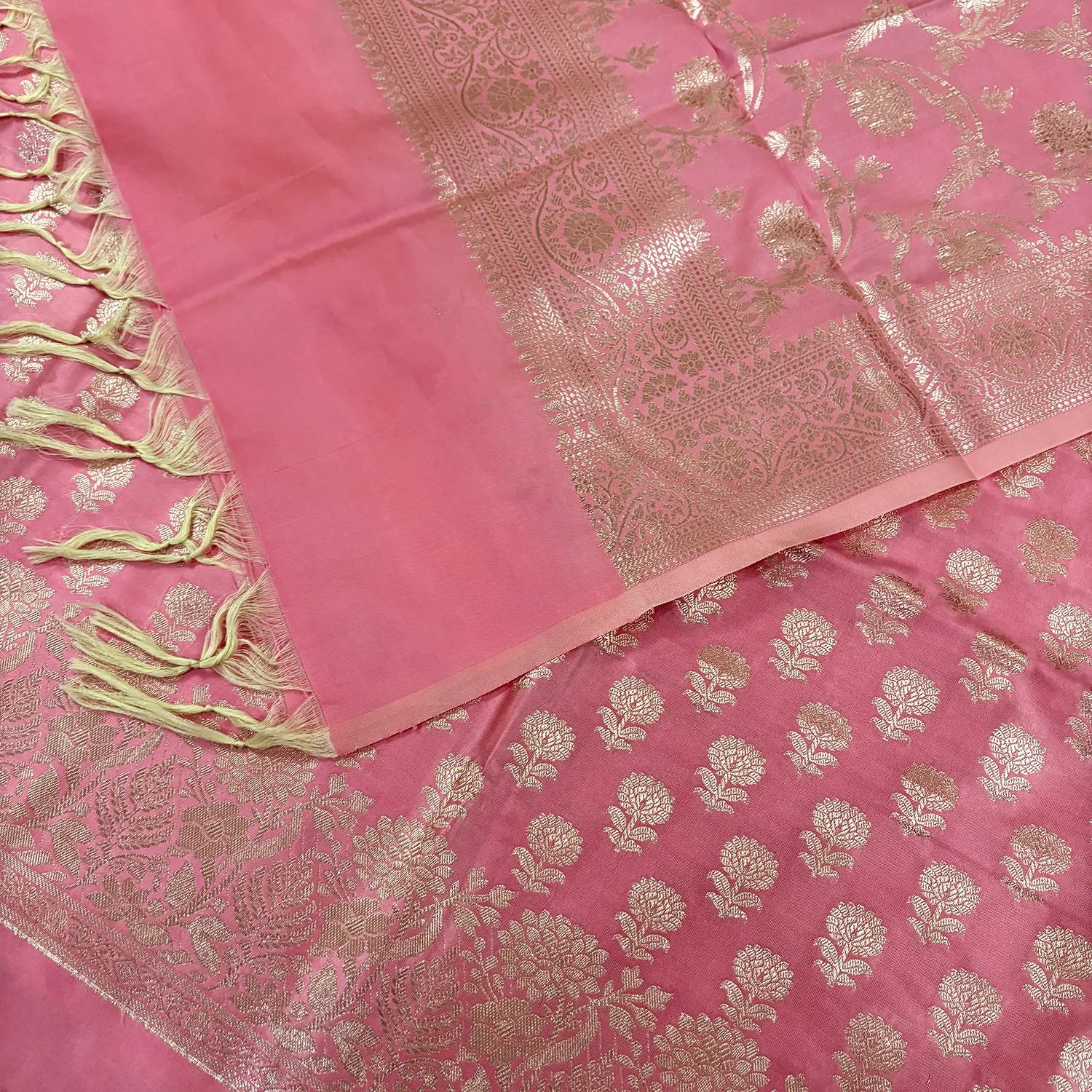 Rose Pink Sunflower Satin Silk Banarasi Suit