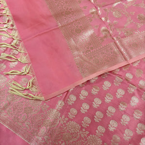 Rose Pink Sunflower Satin Silk Banarasi Suit