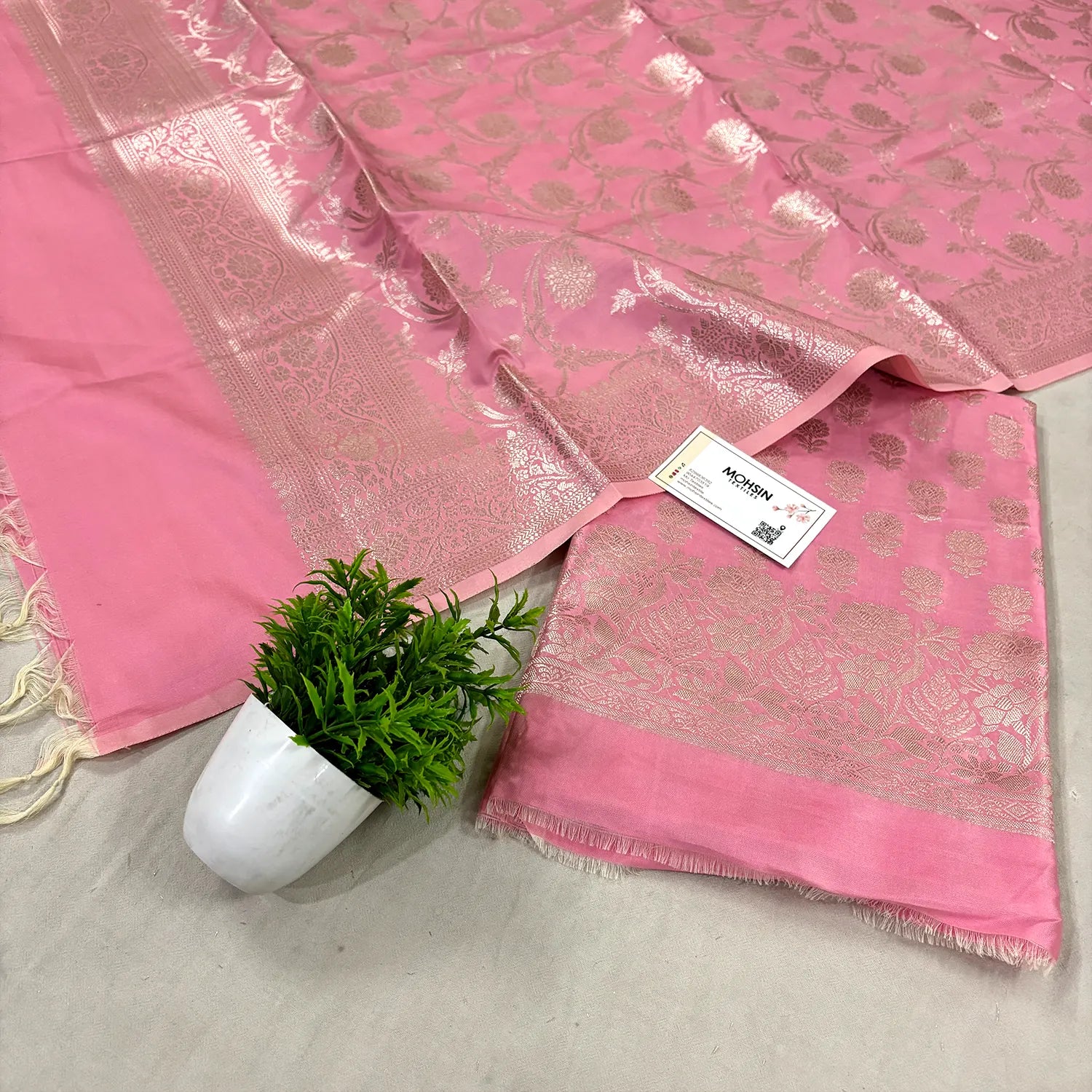Rose Pink Sunflower Satin Silk Banarasi Suit