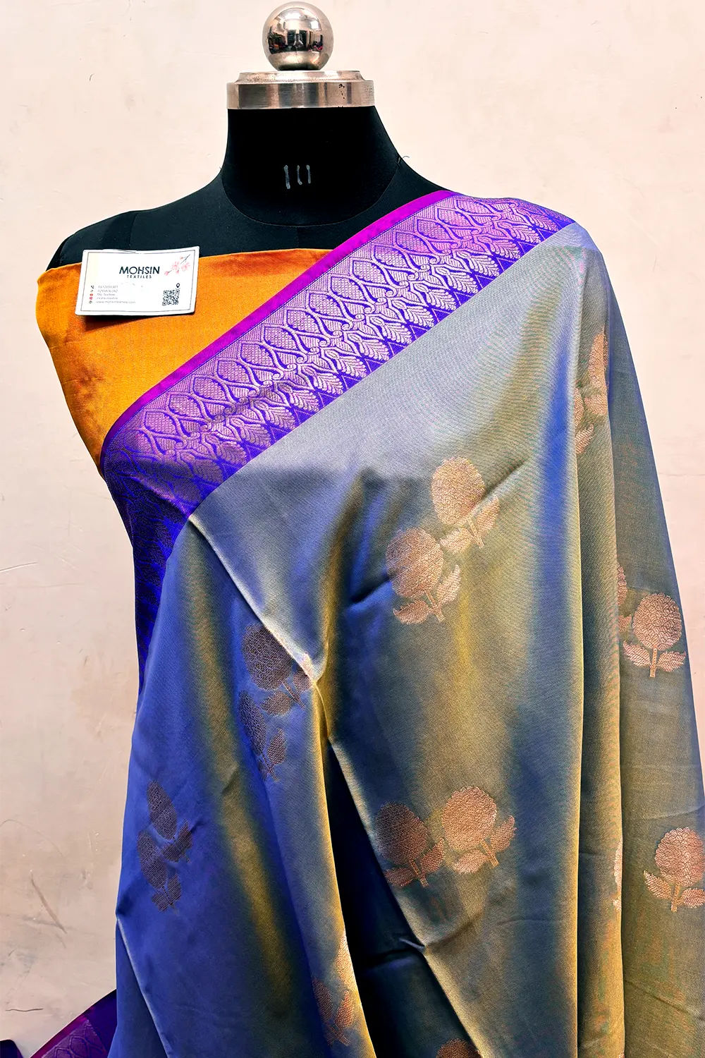 Royal Blue and Orange Zari Semi Katan Silk Banarasi Saree