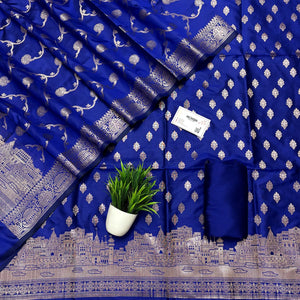 Royal Blue Assi Ghat Mandir Semi Katan Silk Banarasi Suit