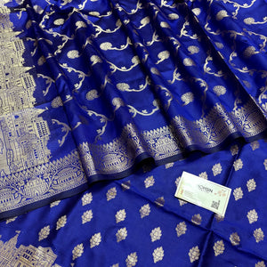 Royal Blue Assi Ghat Mandir Semi Katan Silk Banarasi Suit