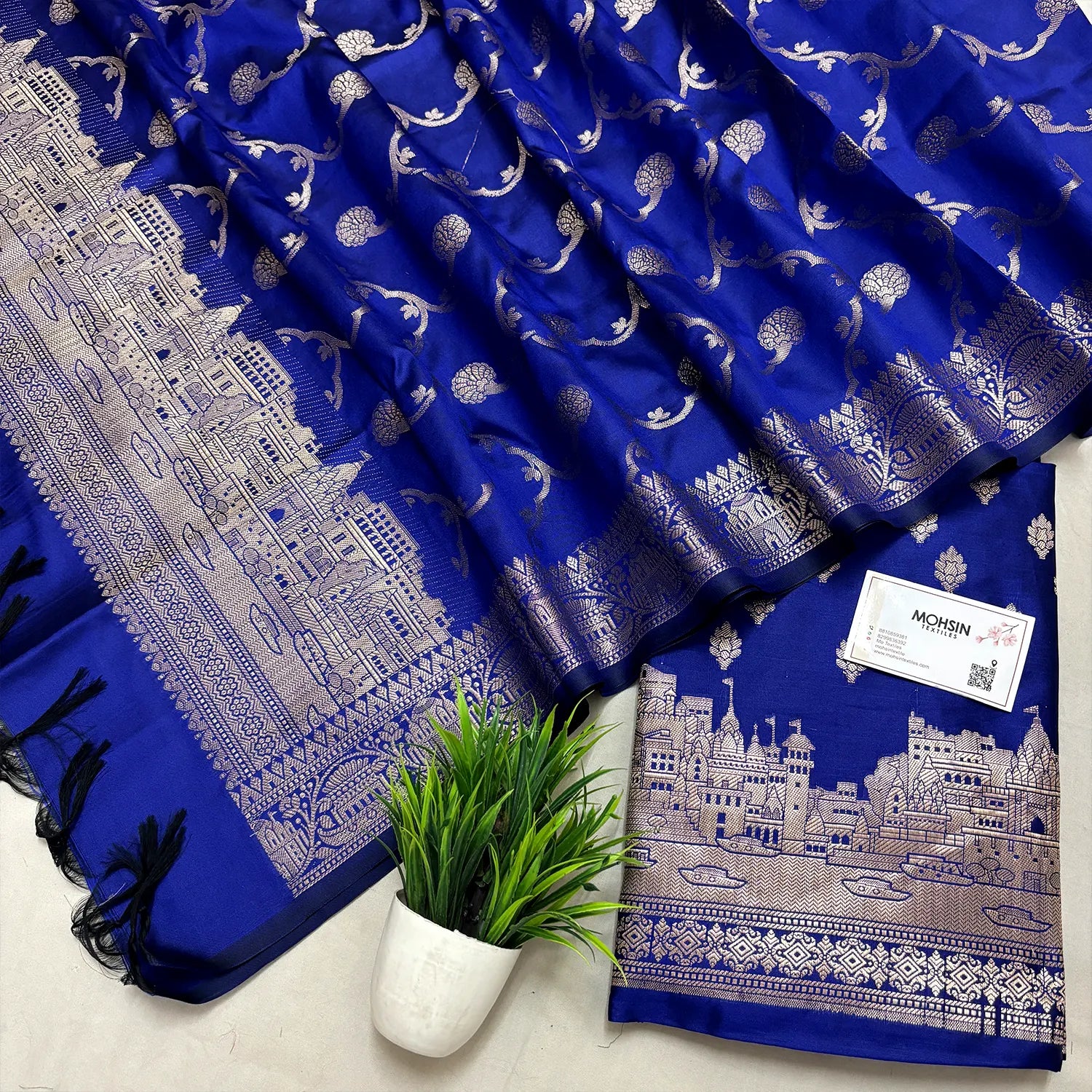 Royal Blue Assi Ghat Mandir Semi Katan Silk Banarasi Suit