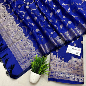 Royal Blue Assi Ghat Mandir Semi Katan Silk Banarasi Suit