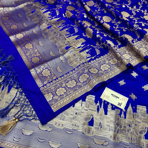 Royal Blue Ganga Ghat Katan Silk Banarasi Suit