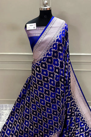 Royal Blue Navy Rangkaat Zari Katan Mashru Silk Banarasi Saree
