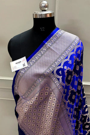 Royal Blue Navy Rangkaat Zari Katan Mashru Silk Banarasi Saree