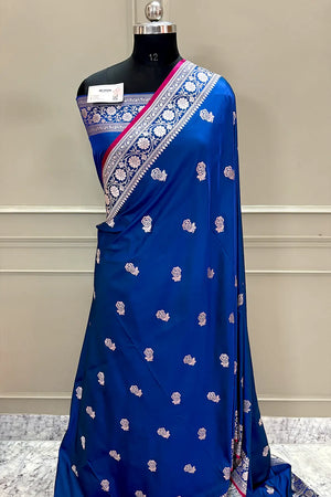 Royal Blue Rose Buti Katan Silk Banarasi Saree