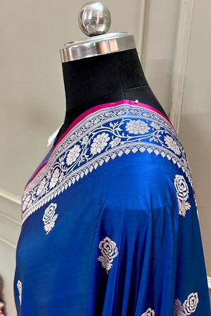 Royal Blue Rose Buti Katan Silk Banarasi Saree