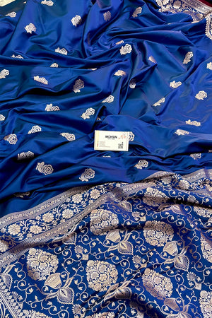 Royal Blue Rose Buti Katan Silk Banarasi Saree