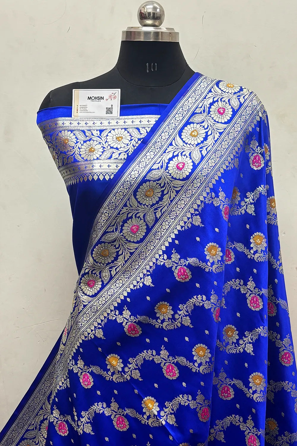 Royal Blue Zari Hand Brush Katan Satin Silk Banarasi Saree