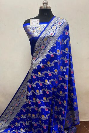 Royal Blue Zari Hand Brush Katan Satin Silk Banarasi Saree