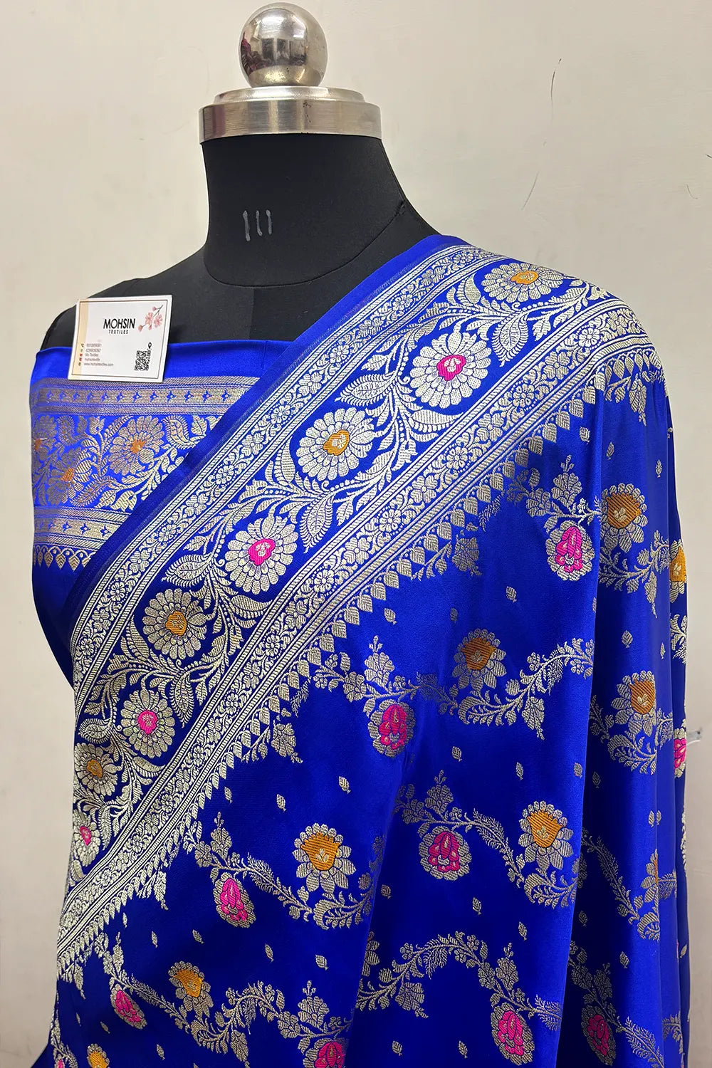 Royal Blue Zari Hand Brush Katan Satin Silk Banarasi Saree