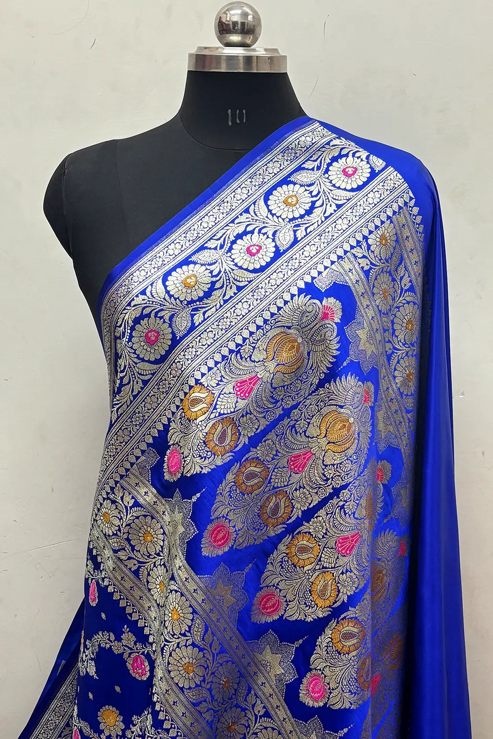 Royal Blue Zari Hand Brush Katan Satin Silk Banarasi Saree