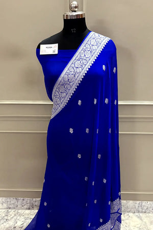 Royal Blue Handloom Pure Georgette Silk Banarasi Saree