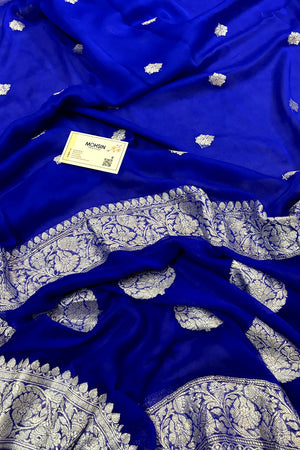 Royal Blue Handloom Pure Georgette Silk Banarasi Saree