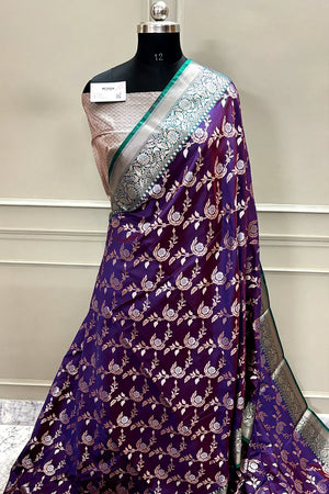Royal Purple and Teal Zari Banarasi Silk Saree