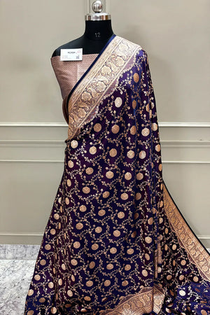 Royal Purple Churmuri Jaal Katan Silk Banarasi Saree