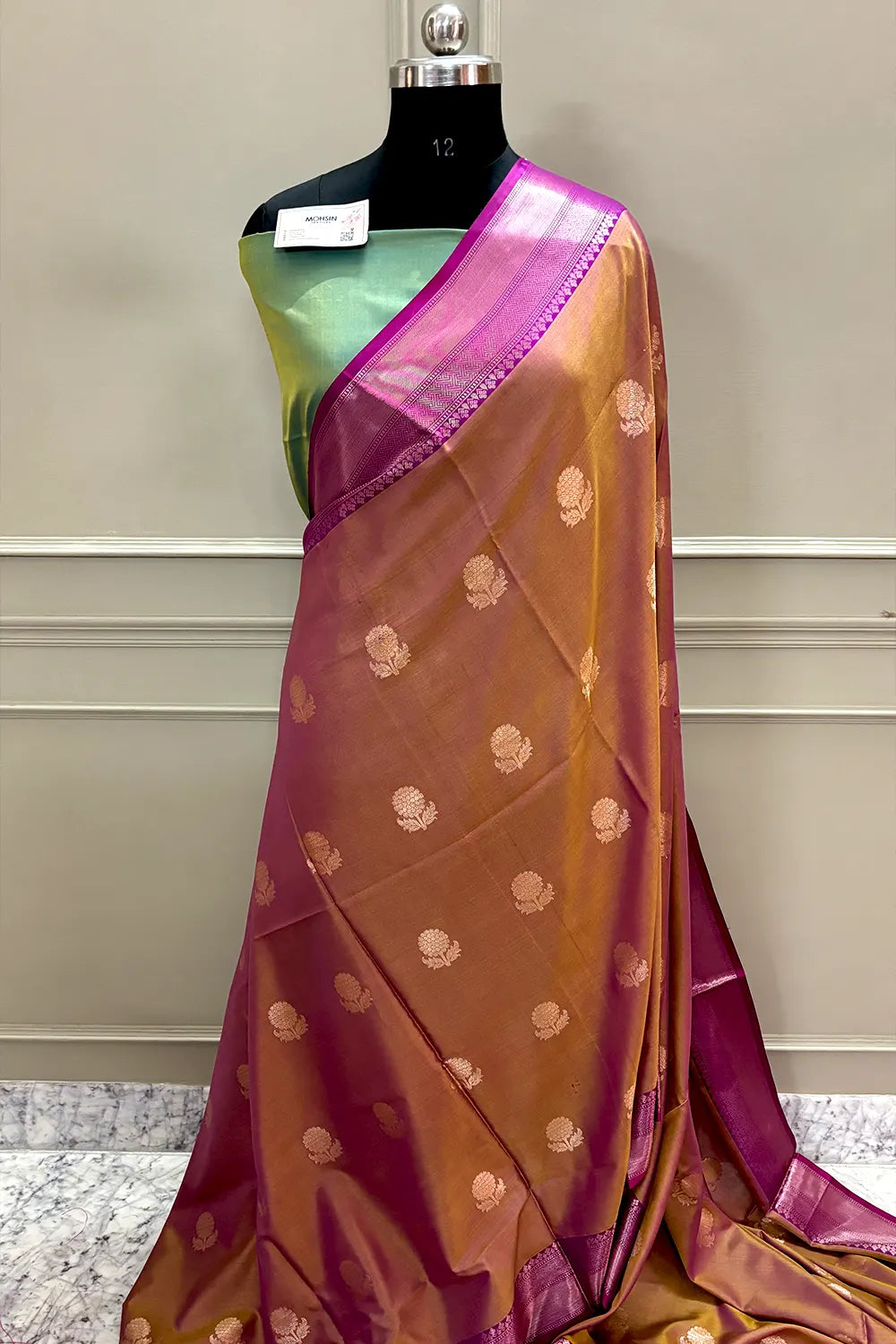 Rust and Green Zari Banarasi Silk Saree