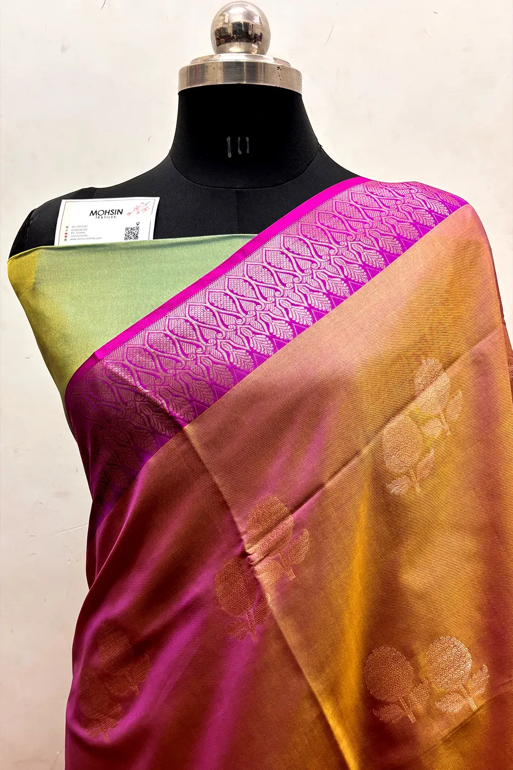 Rust and Green Zari Semi Katan Silk Banarasi Saree