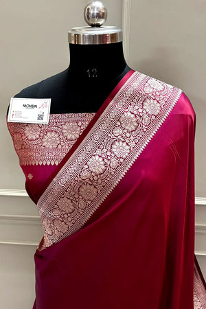 Rust Magenta Plain Zari Katan Mashru Silk Banarasi Saree