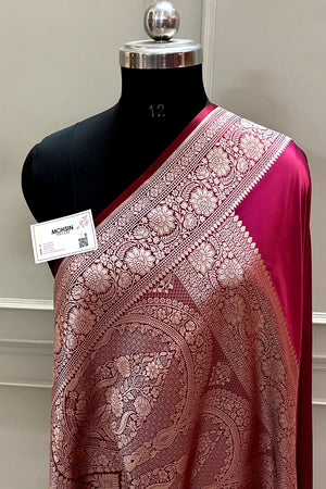 Rust Magenta Plain Zari Katan Mashru Silk Banarasi Saree