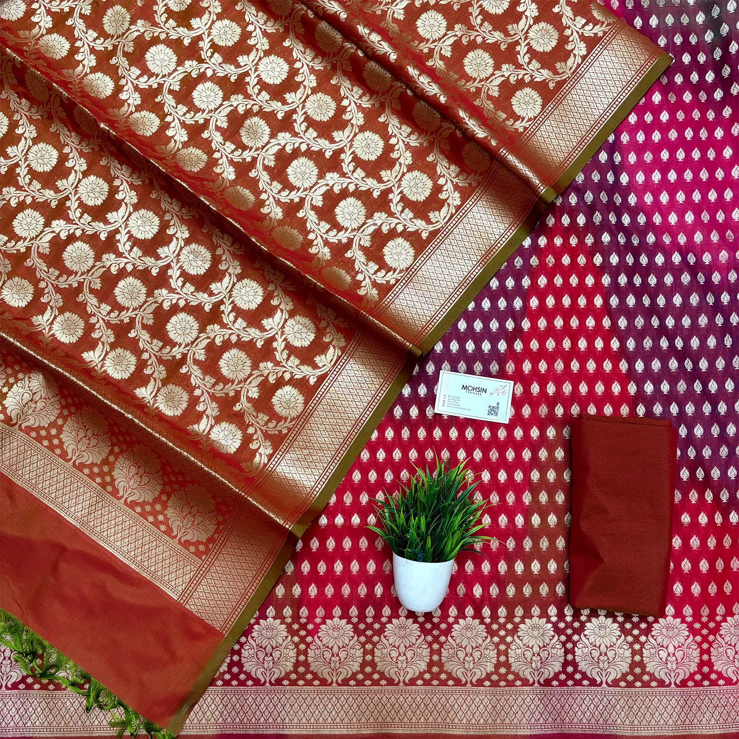 Rust Mehendi Guldaan Agni Rangkaat Katan Silk Banarasi Suit