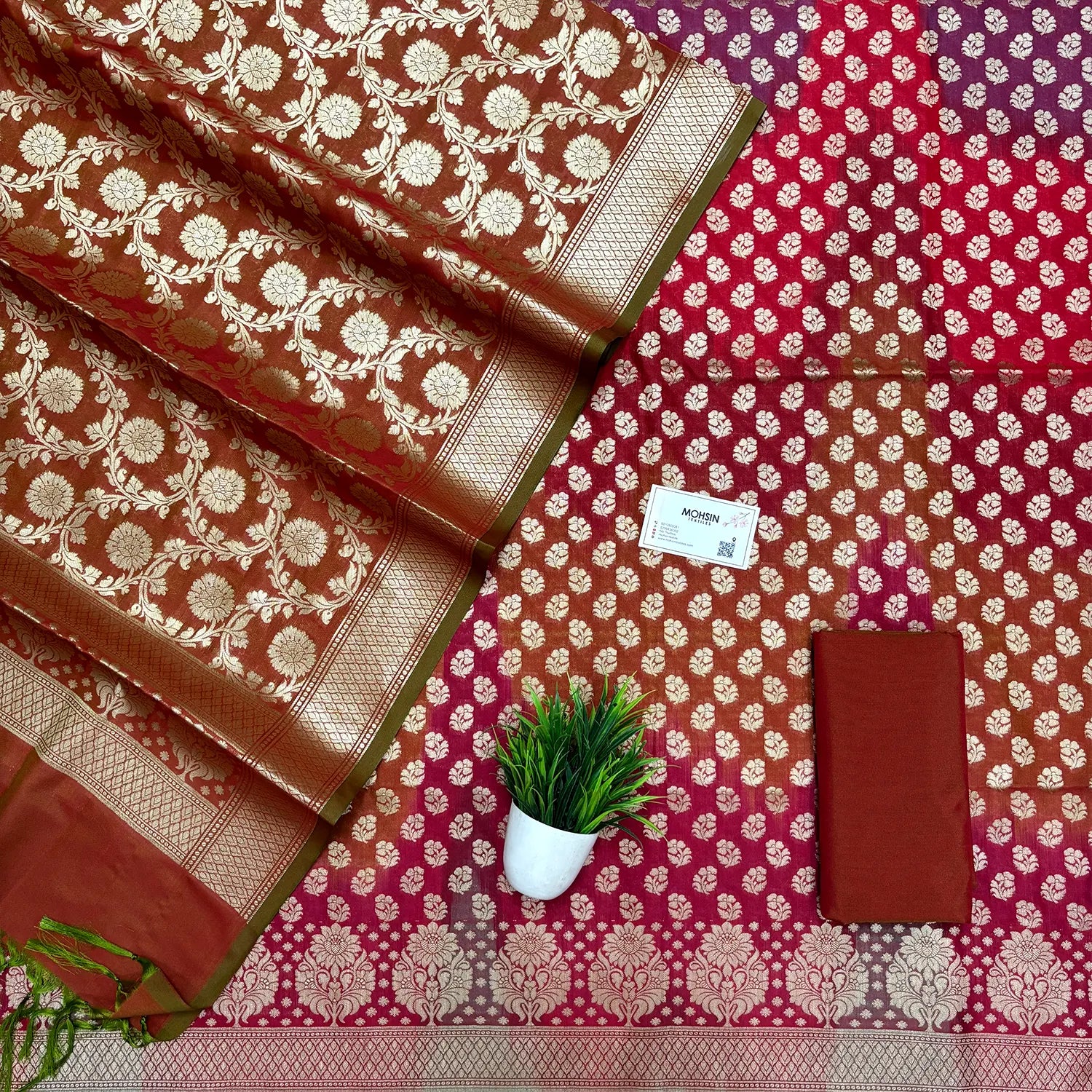 Rust Mehendi Guldaan Fool Rangkaat Katan Silk Banarasi Suit