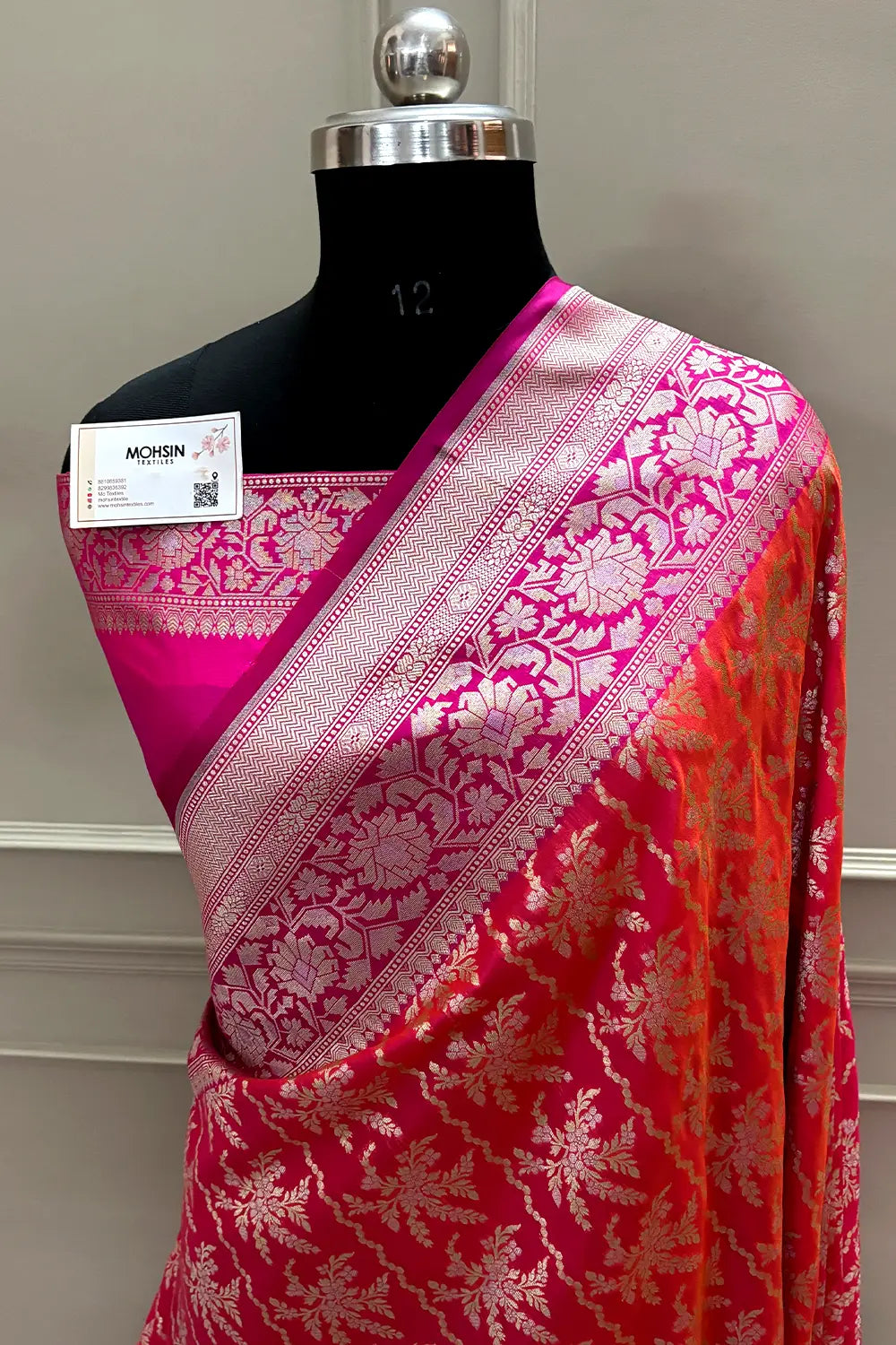 Rust Orange and Pink Zari Katan Silk Banarasi Saree