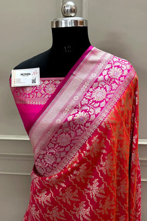 Rust Orange and Pink Zari Katan Silk Banarasi Saree