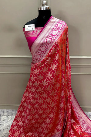 Rust Orange and Pink Zari Katan Silk Banarasi Saree