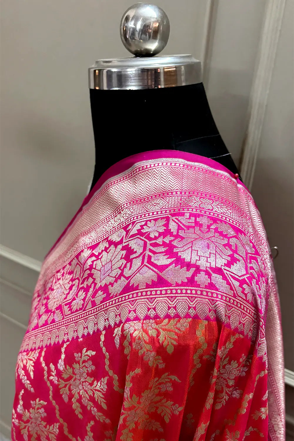 Rust Orange and Pink Zari Katan Silk Banarasi Saree