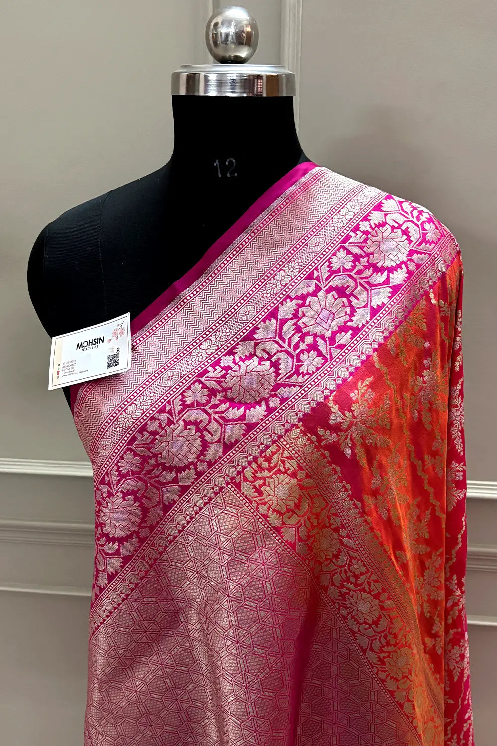 Rust Orange and Pink Zari Katan Silk Banarasi Saree