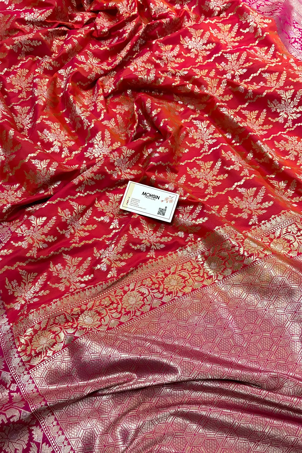 Rust Orange and Pink Zari Katan Silk Banarasi Saree