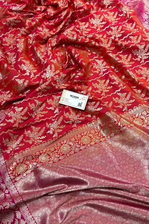 Rust Orange and Pink Zari Katan Silk Banarasi Saree