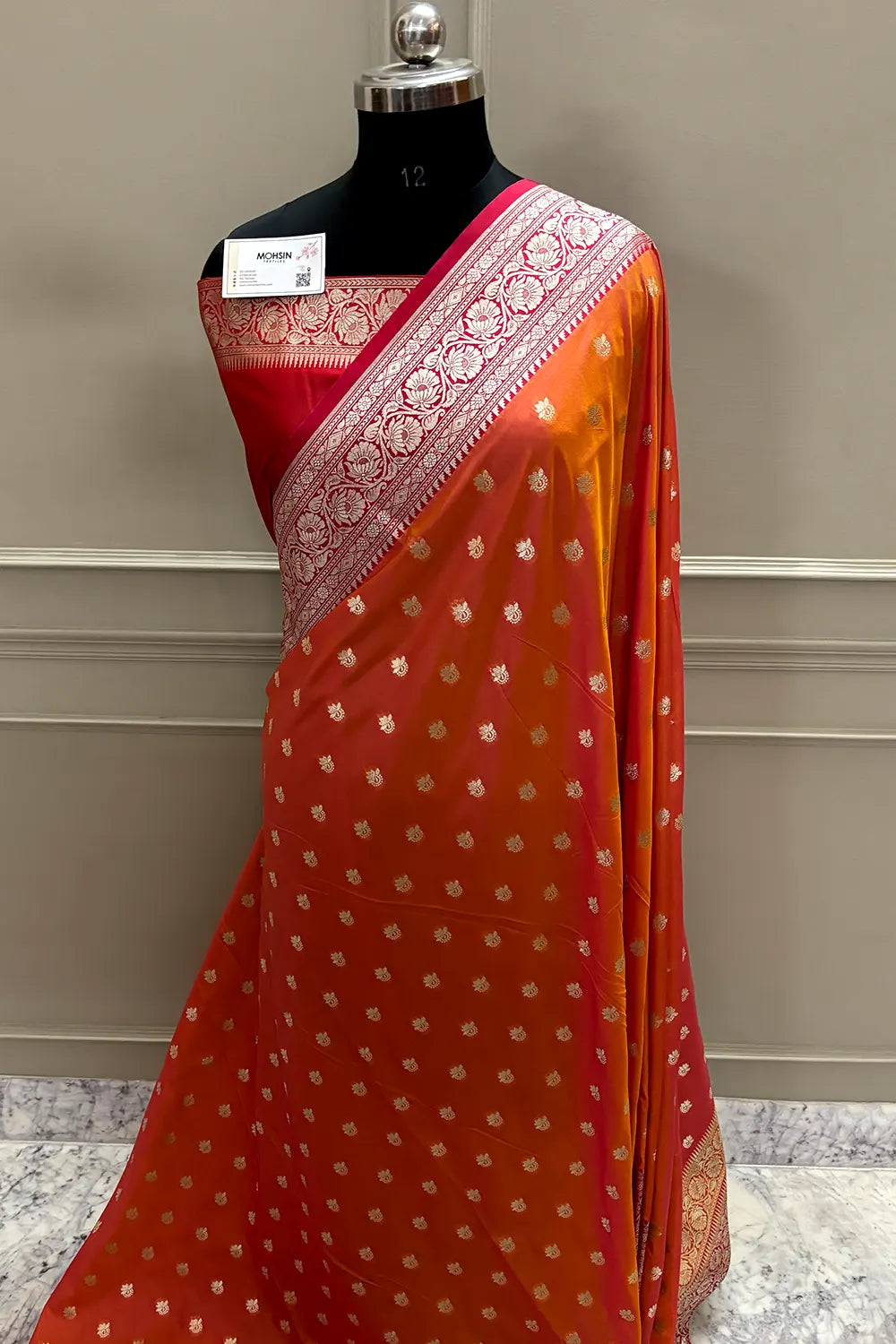 Rust Orange and Red Ghonga Buti Katan Silk Banarasi Saree