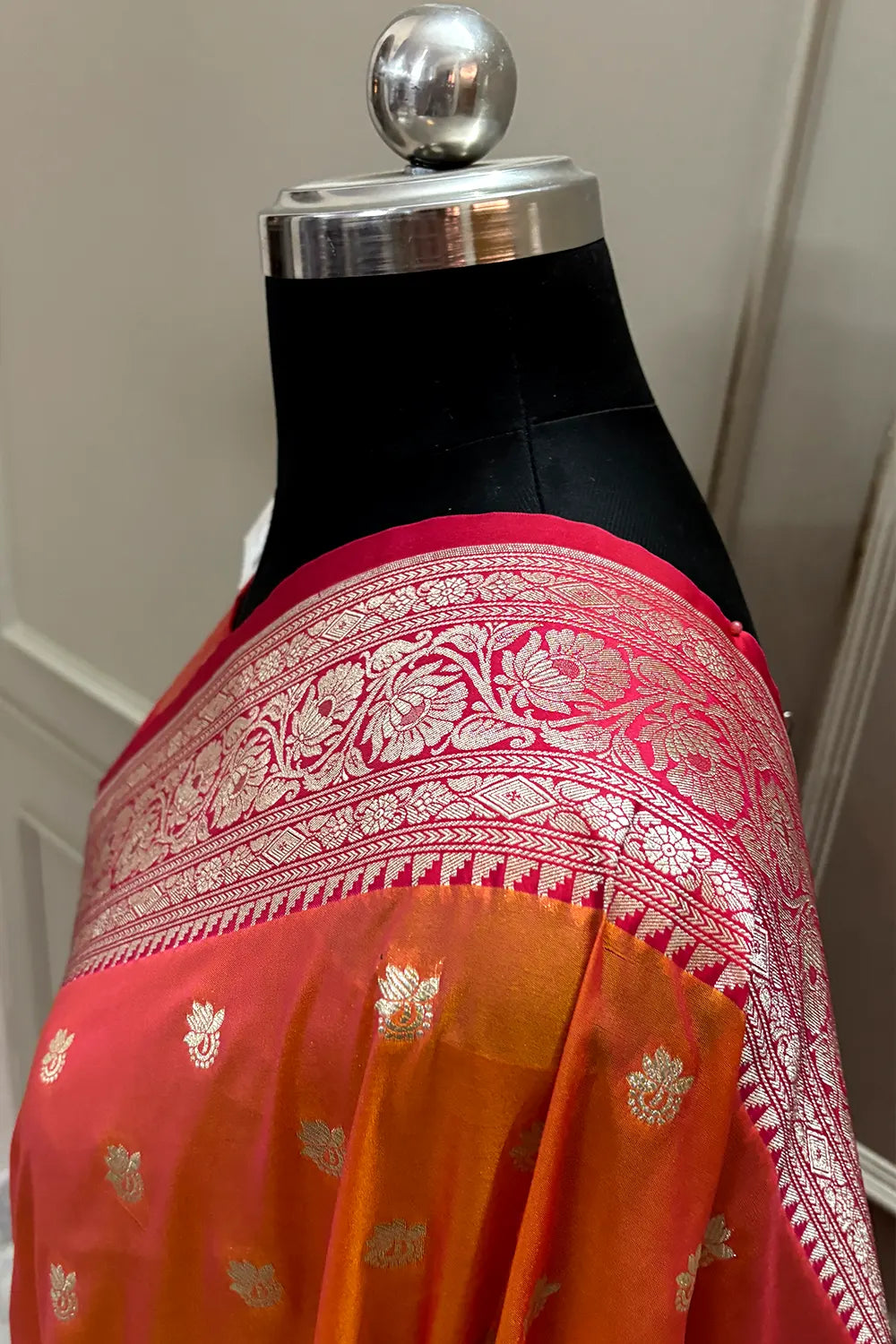 Rust Orange and Red Ghonga Buti Katan Silk Banarasi Saree