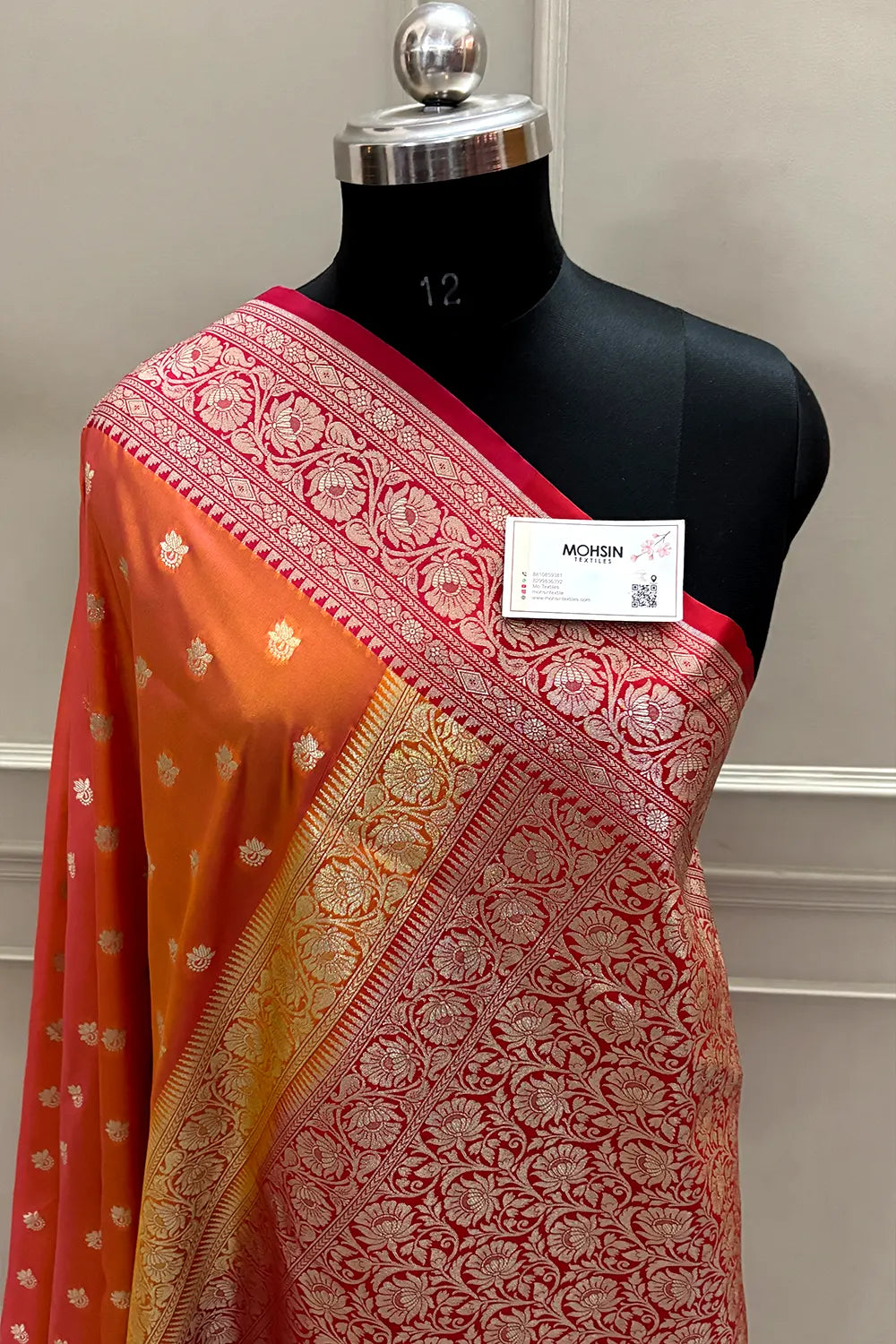 Rust Orange and Red Ghonga Buti Katan Silk Banarasi Saree