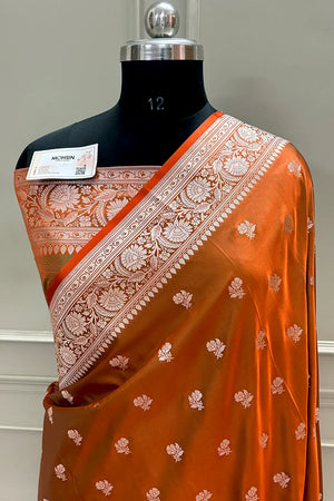 Rust Orange Chaman Buti Katan Silk Banarasi Saree