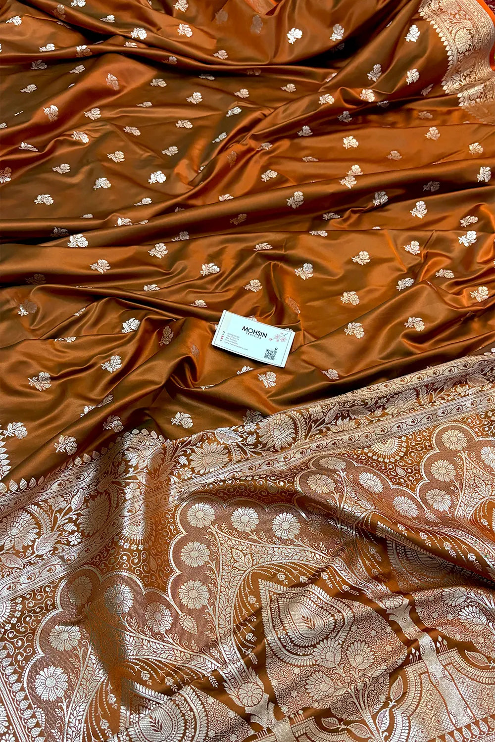 Rust Orange Chaman Buti Katan Silk Banarasi Saree