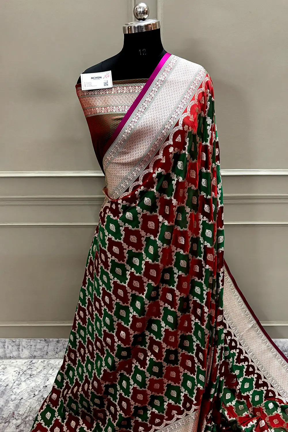 Rust Orange Green Rangkaat Zari Katan Mashru Silk Banarasi Saree