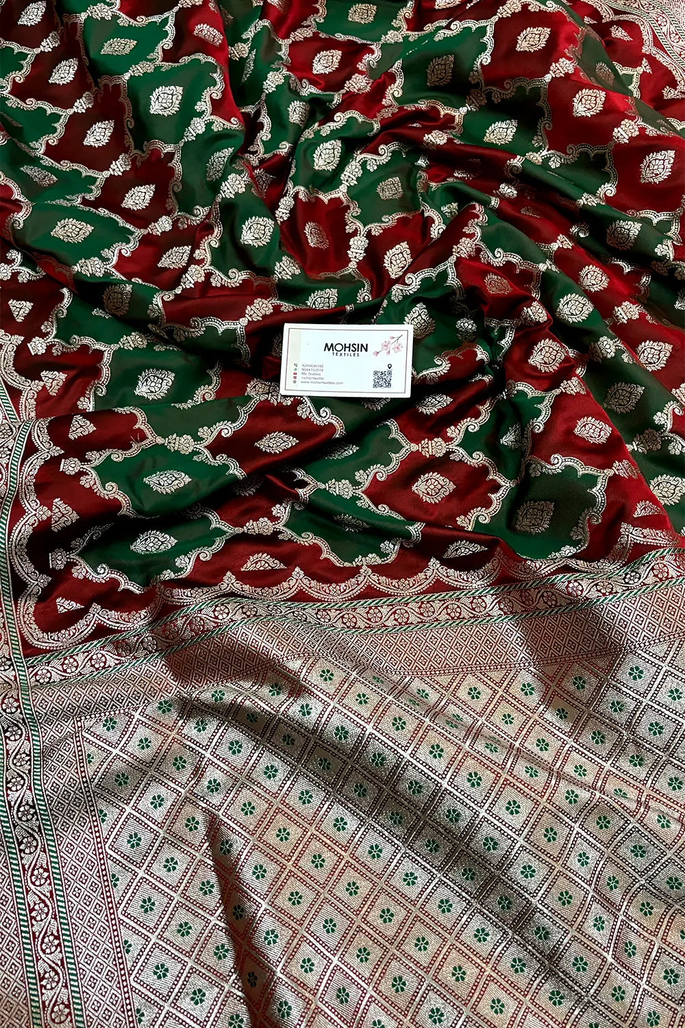 Rust Orange Green Rangkaat Zari Katan Mashru Silk Banarasi Saree