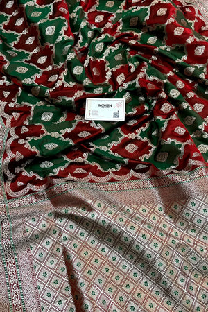 Rust Orange Green Rangkaat Zari Katan Mashru Silk Banarasi Saree