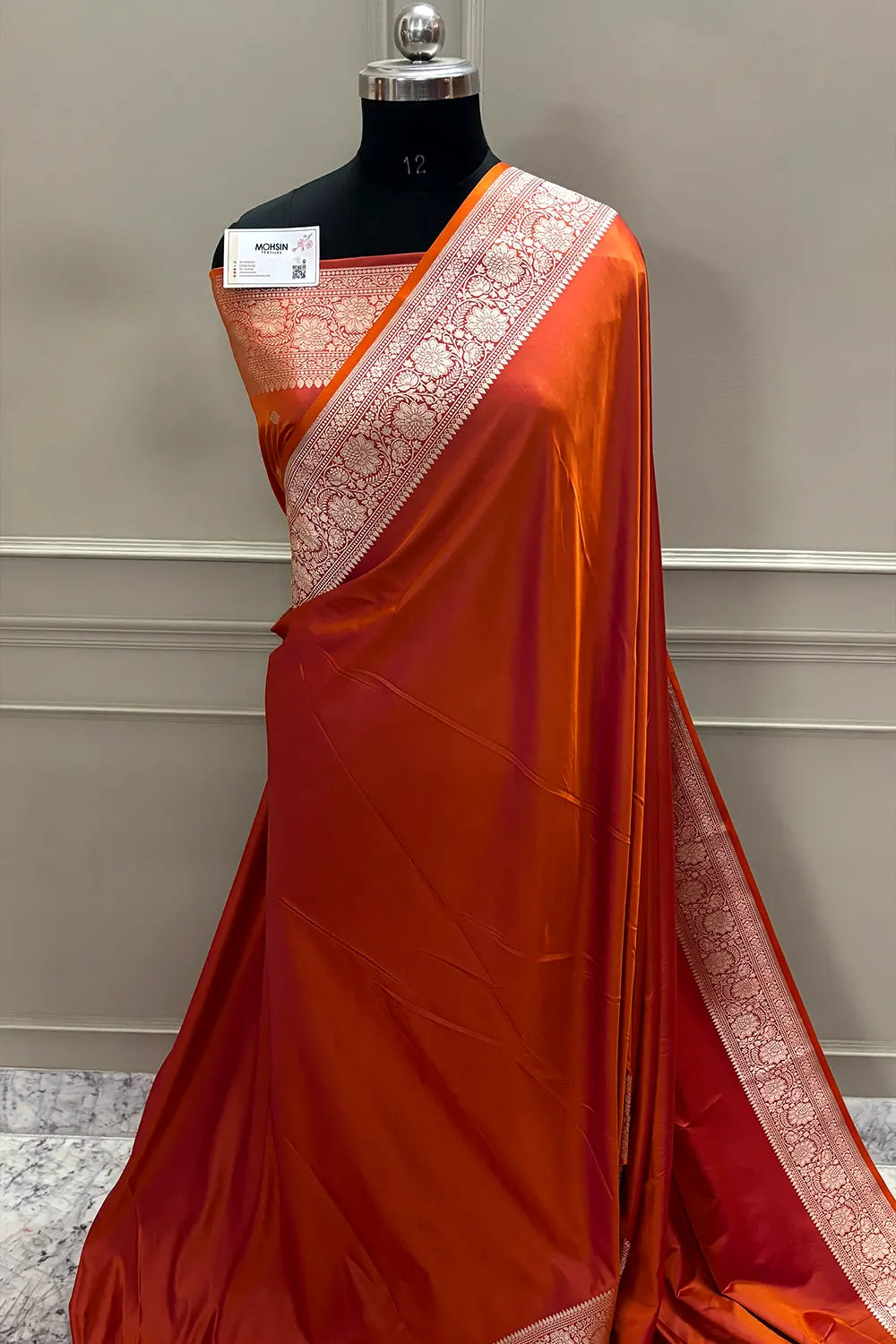 Rust Orange Plain Zari Katan Mashru Silk Banarasi Saree