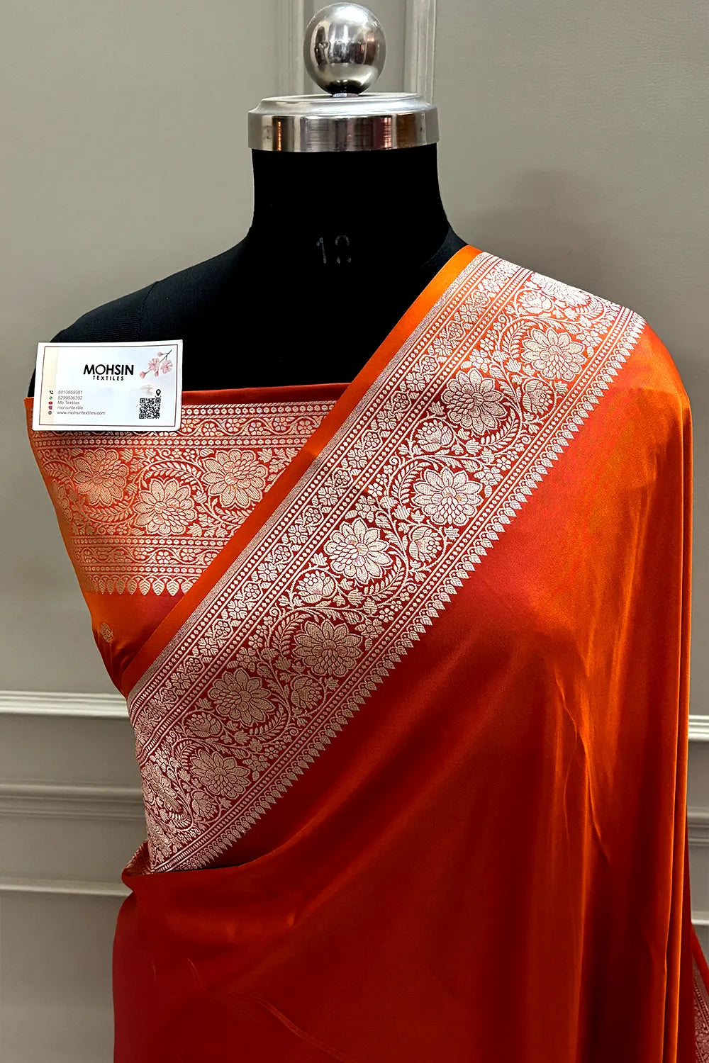 Rust Orange Plain Zari Katan Mashru Silk Banarasi Saree