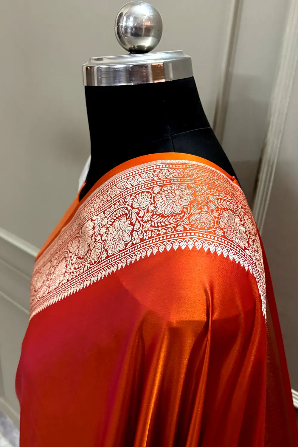 Rust Orange Plain Zari Katan Mashru Silk Banarasi Saree