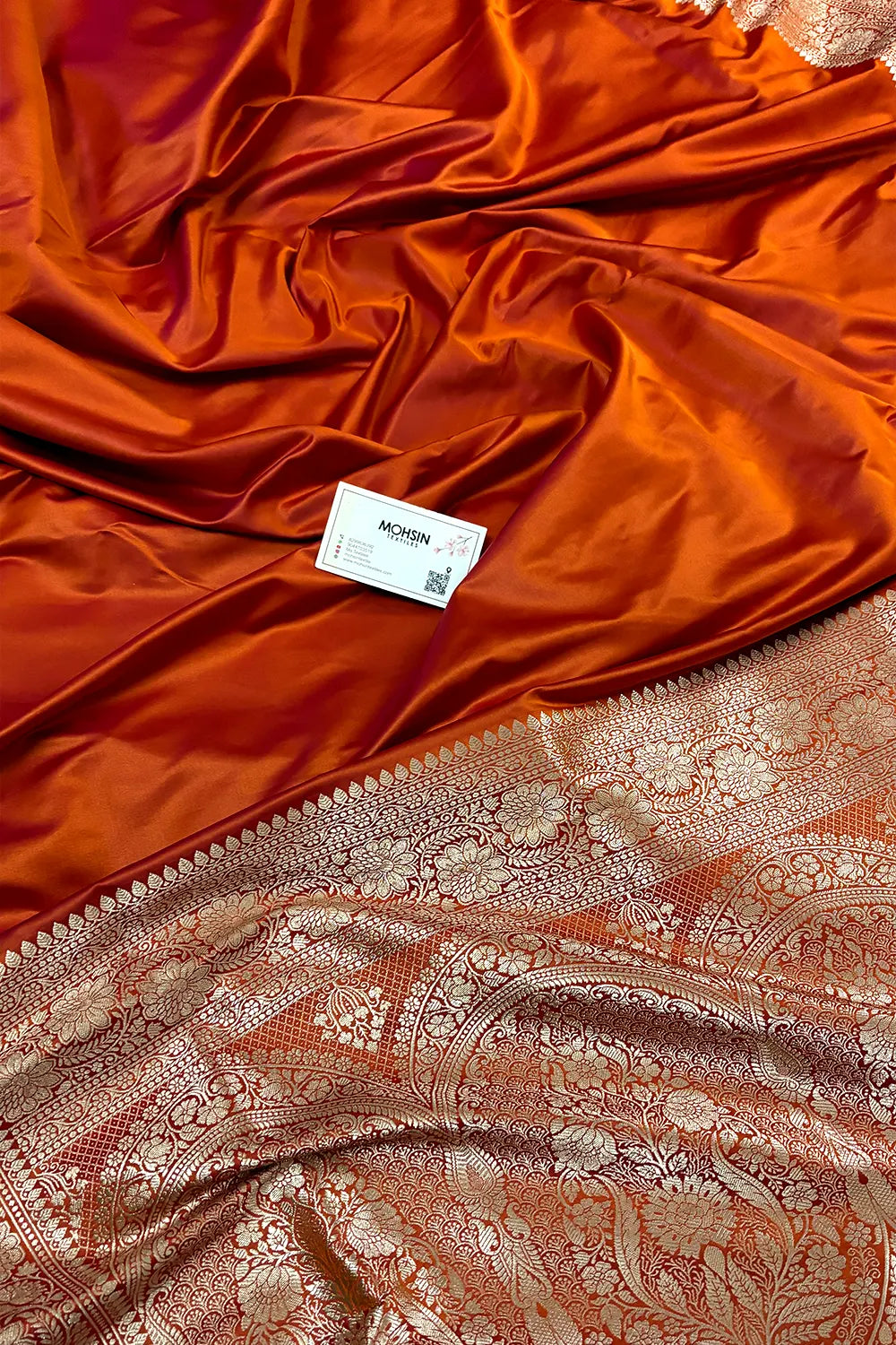 Rust Orange Plain Zari Katan Mashru Silk Banarasi Saree