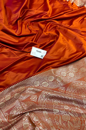 Rust Orange Plain Zari Katan Mashru Silk Banarasi Saree