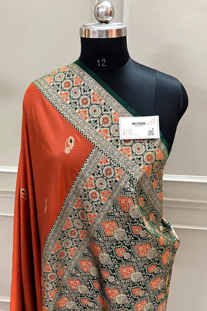 Rust Orange Zari Banarasi Silk Saree