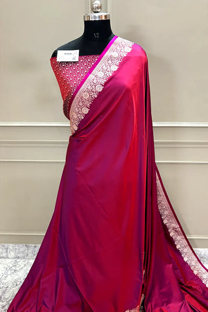 Rust Pink Plain Zari Border Katan Silk Banarasi Saree